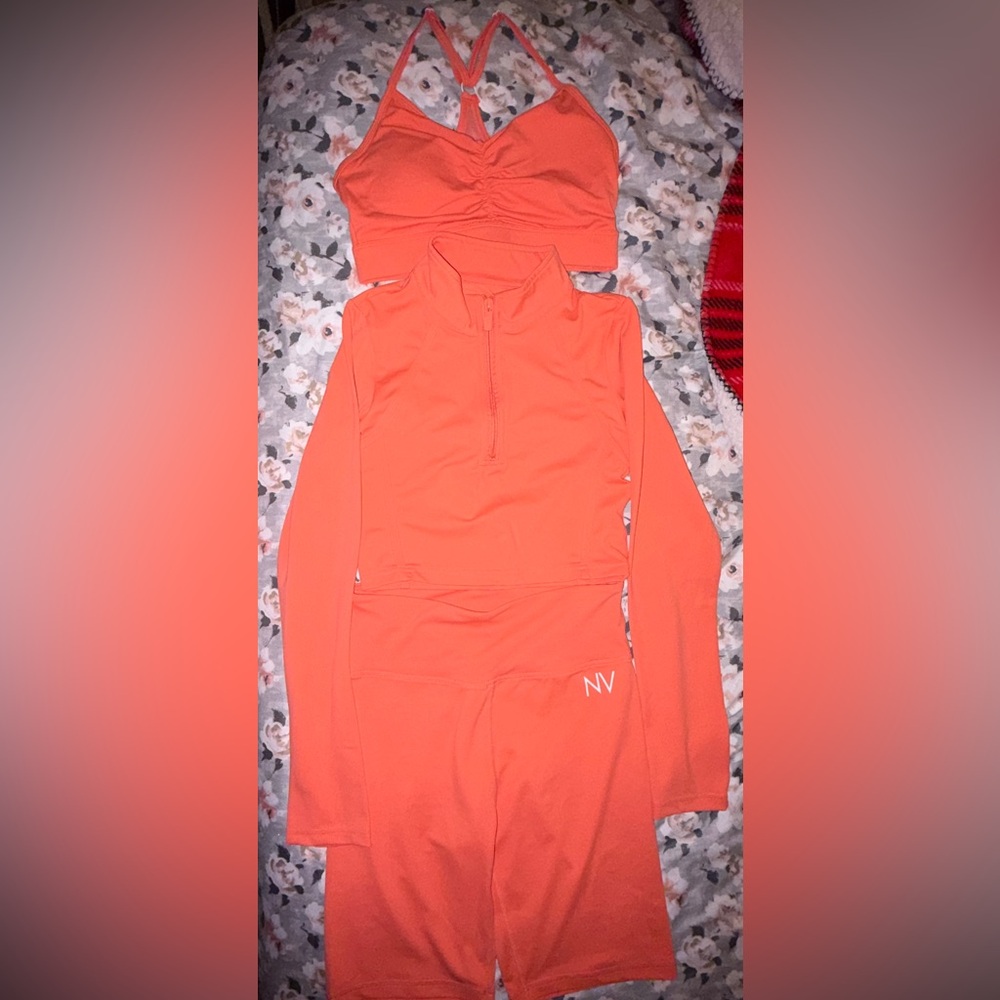 BodyNV Sherbet 3 Piece Coral Activewear Set Jacket, Sports Bar and Shorts Sz S - Picture 2 of 9